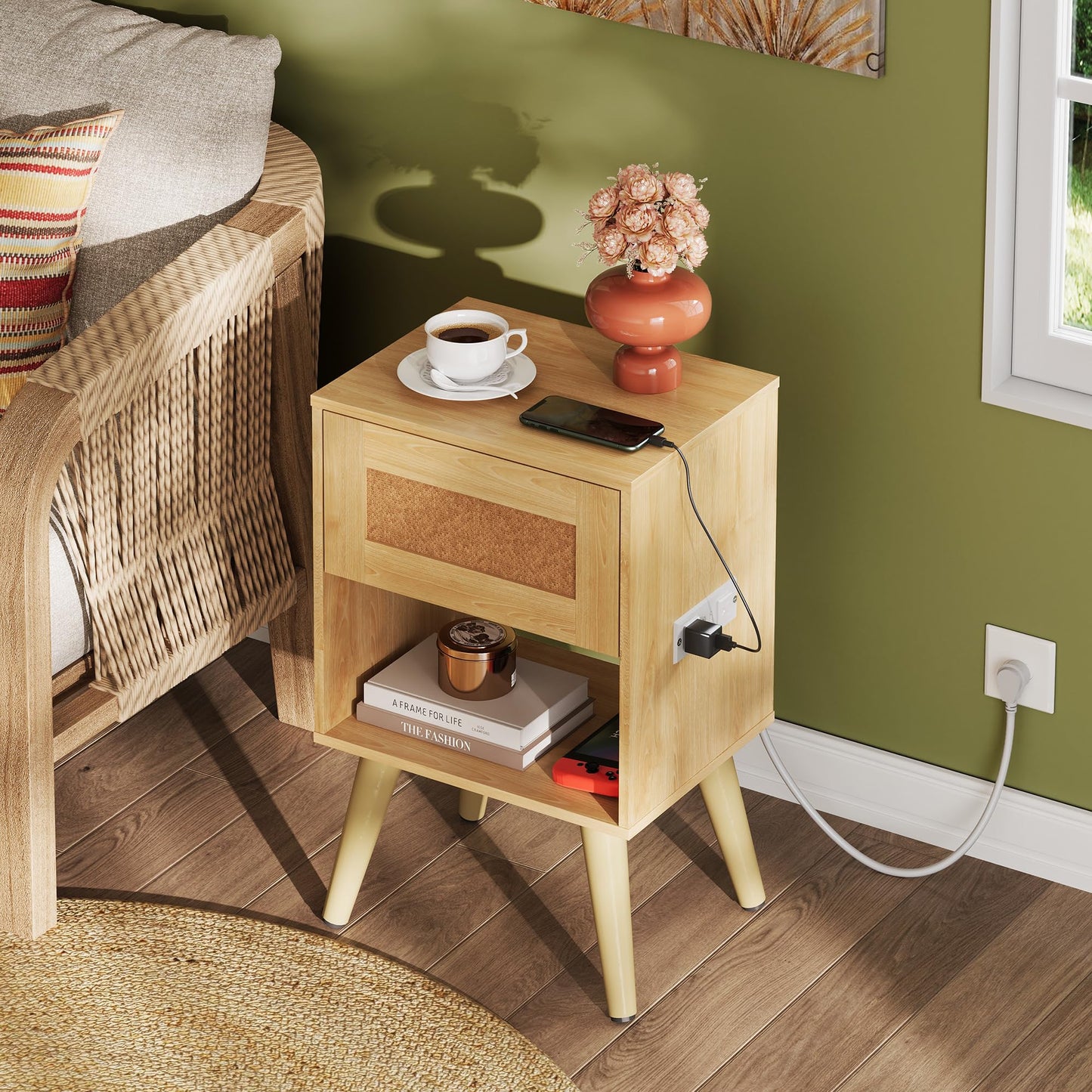 WLIVE Rattan Nightstand with Charging Station, Boho Night Stand, Small Bedroom Side Table, End Table with Drawer and Storage, Wood Bedside Tables for Bedroom, Small Spaces, Natural Oak