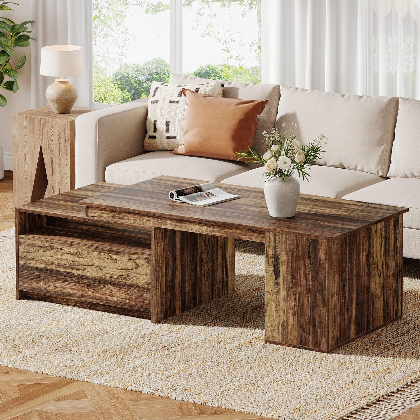 Tribesigns Extendable Coffee Table, 47"-70" Length Wooden Center Table with Drawer, Reversible Farmhouse Cocktail Table with Storage for Living Room, Rustic Brown