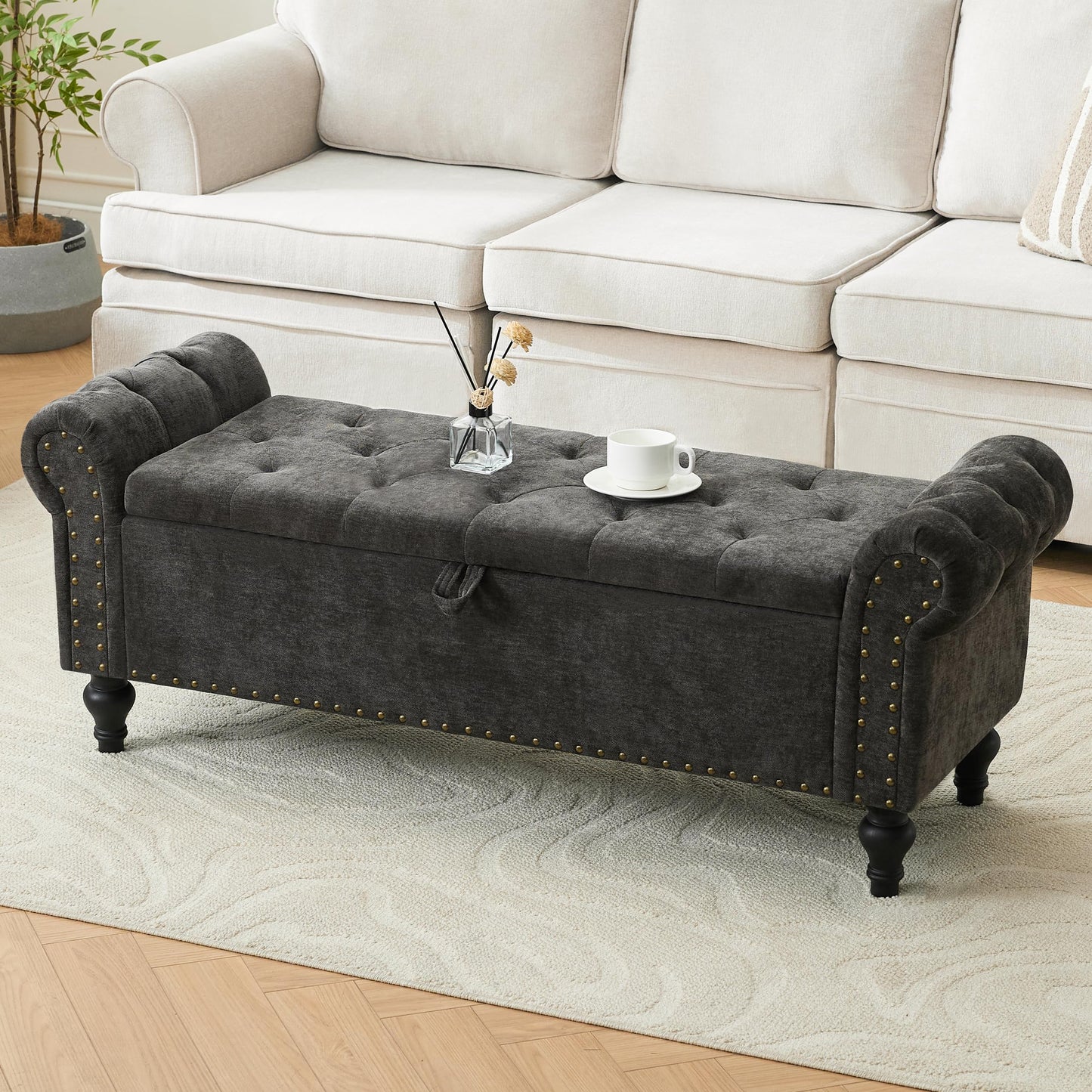 51" Bedroom Storage Bench, End of Bed Bench with Storage, Chenille Upholstered Benches, Ottoman with storage, Window Benches with Rolled Arm and Nailhead Trim for Living Room, Entryway, Dark Gray
