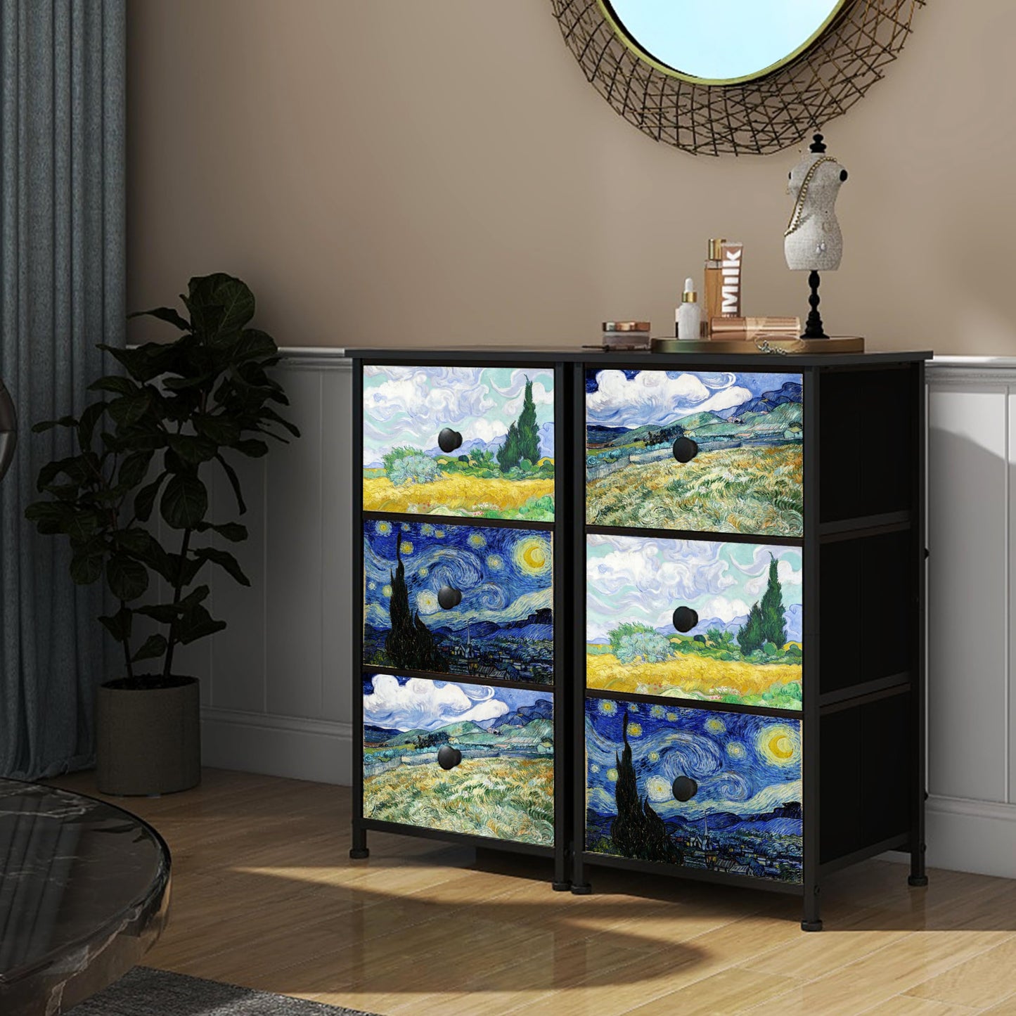 Welfuturer Dresser with 3 Drawers Van Gogh Drawer Dresser for Bedroom Narrow Nightstand Small Dressers & Chests of Drawers for Halfway Entryway Closets Living Room Sturdy Steel Frame Wood Top