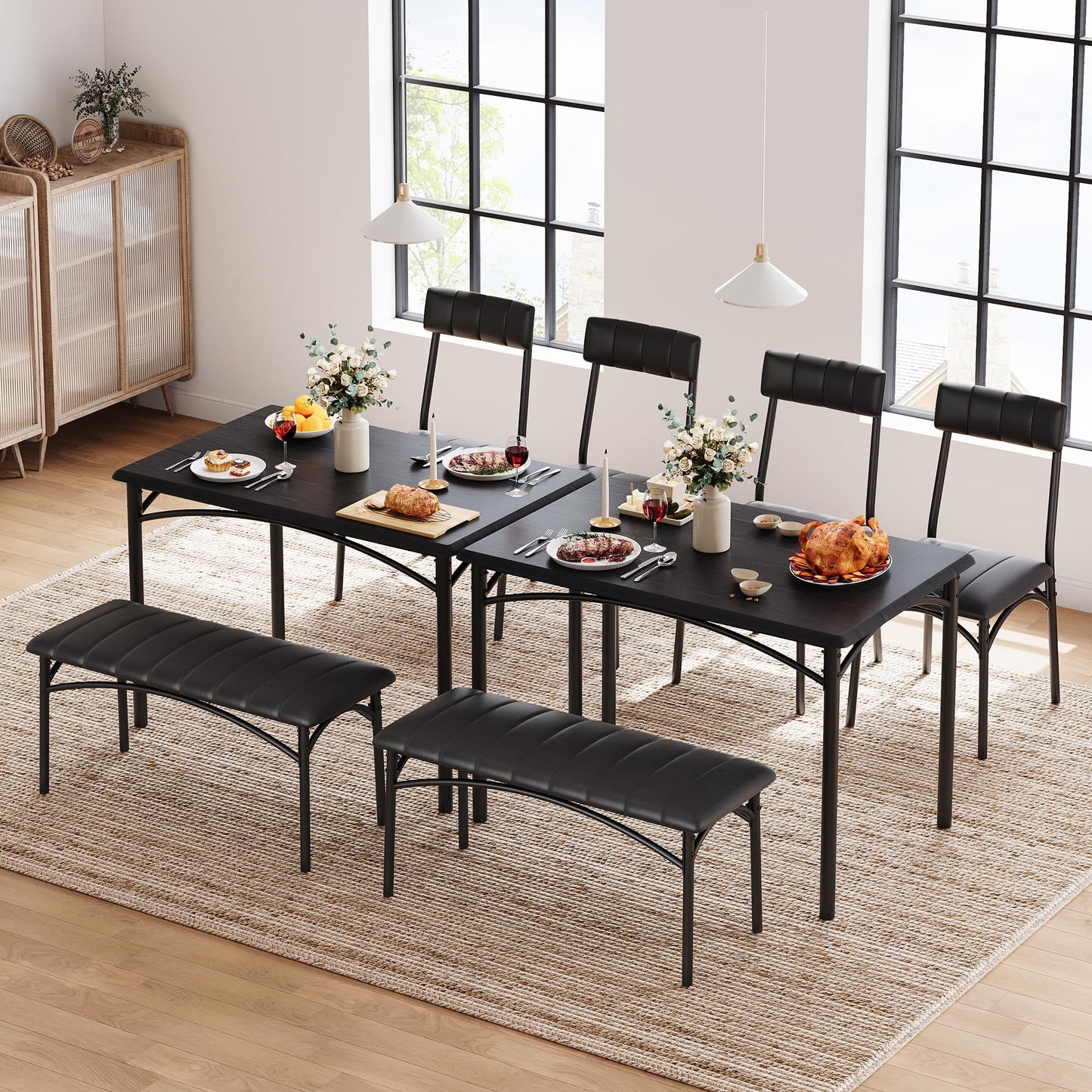 TROPOW Dining Table Set for 4, Kitchen Table and 2 Chairs & 1 Bench with Upholstered, 4 PCS Dining Table Set for Small Space, Apartment Home Kitchen