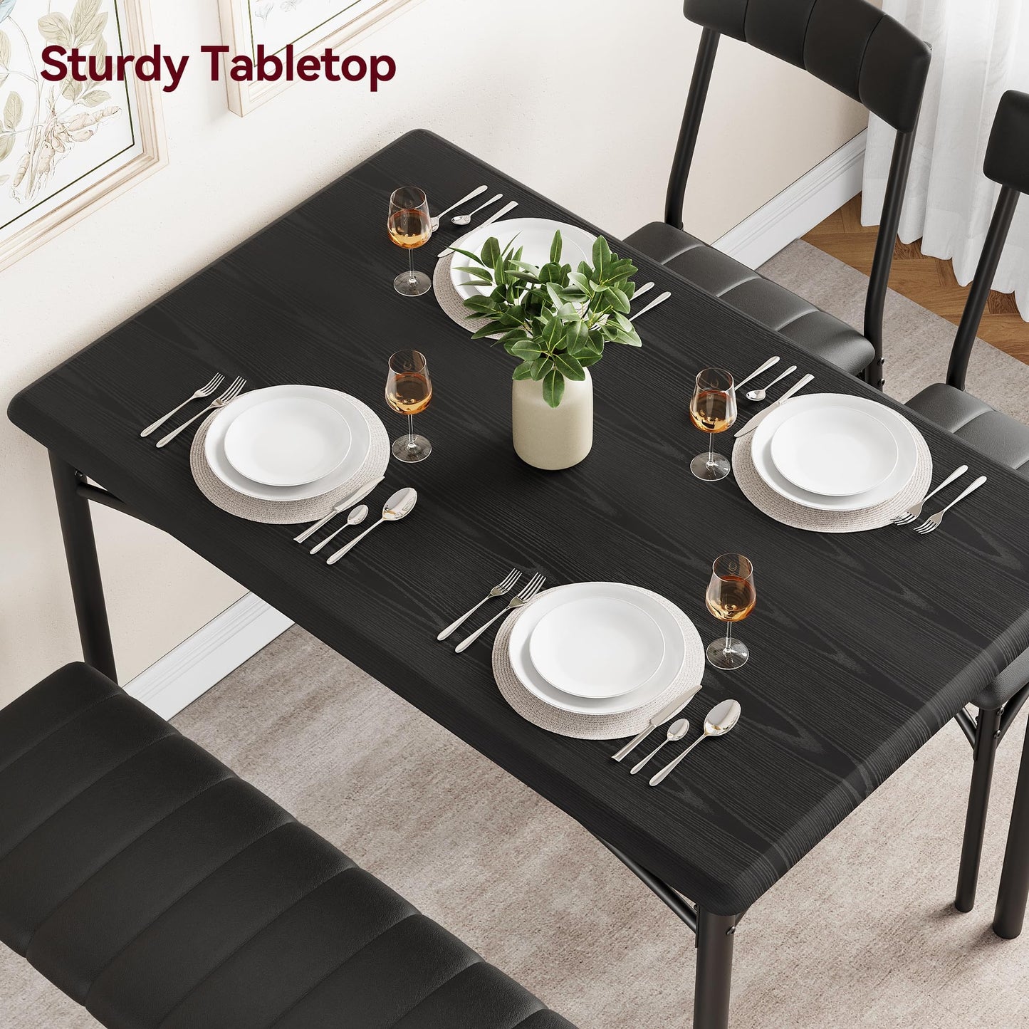 TROPOW Dining Table Set for 4, Kitchen Table and 2 Chairs & 1 Bench with Upholstered, 4 PCS Dining Table Set for Small Space, Apartment Home Kitchen