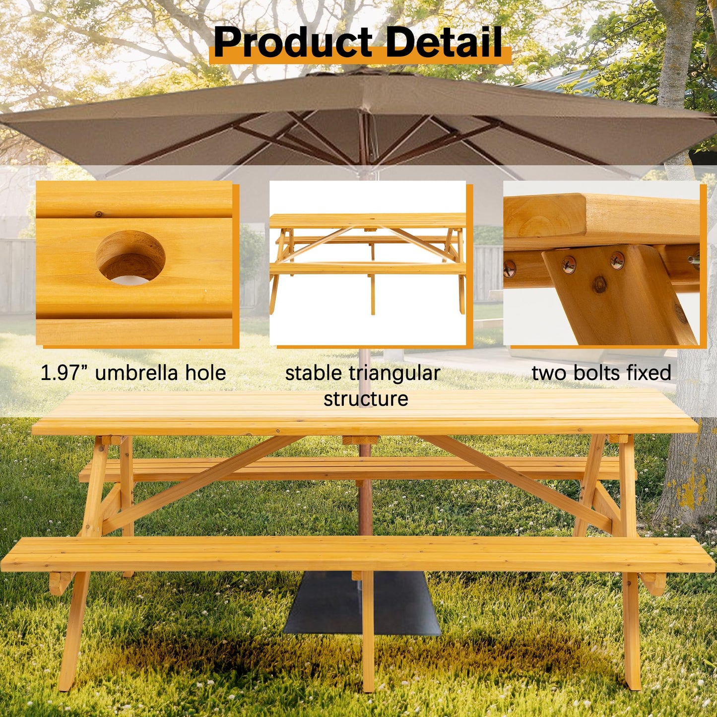 Premium Picnic Tables Outdoor Wooden Picnic Table Set with Benches & Umbrella Hole - Stylish and Spacious Seating for 6-8 People - Perfect for Backyard, Porch, and Garden Gatherings