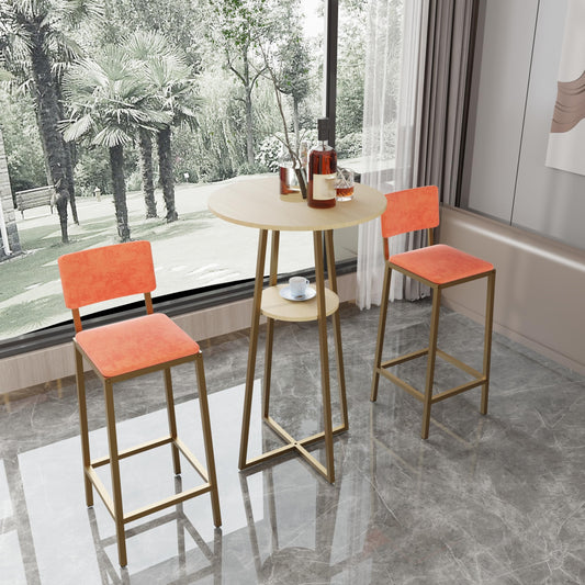 3 Piece Round Bar Table Set with Storage Shelves, Metal Pub Table Set with Upholstered Stools for 2, Save Space, Beige+Gold+Orange