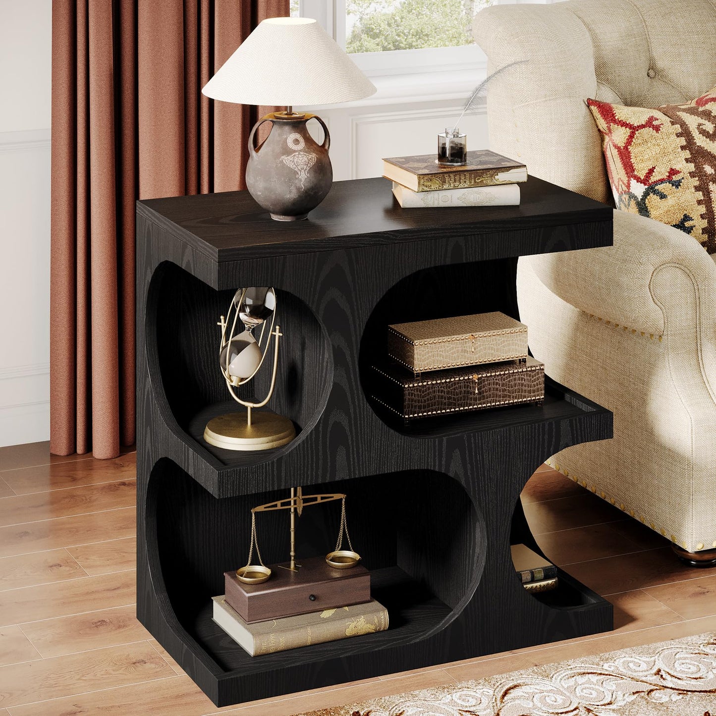 Tribesigns Black End Table for Living Room, Modern S-Shape Side Tables with 2-Tier Storage Shelf, Retro Bedside Nightstands for Bedroom, Easy Assembly