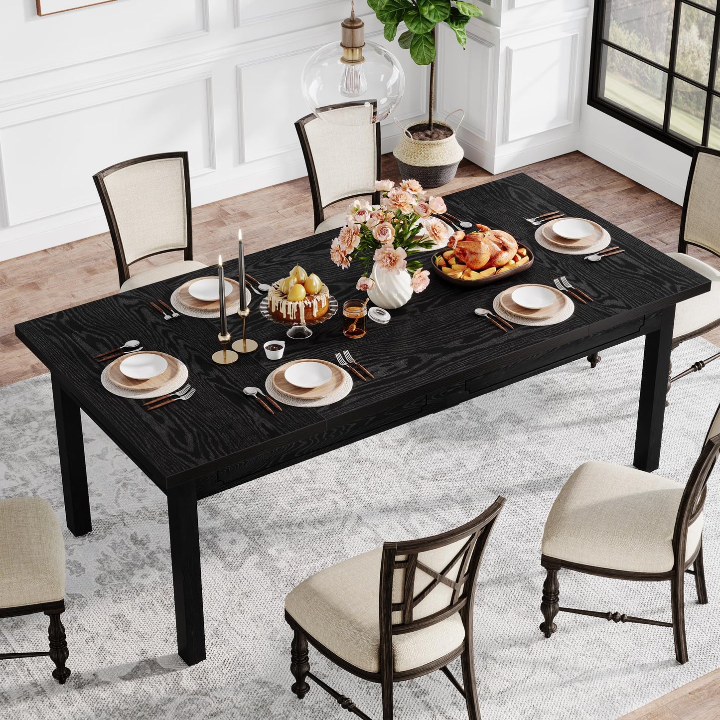 Tribesigns 63-inch Farmhouse Dining Table for 4-6, Rectangular Dining Room Table with Sturdy Legs, Modern Kitchen Dinner Table for Dining Room, Living Room, Kitchen (Black)