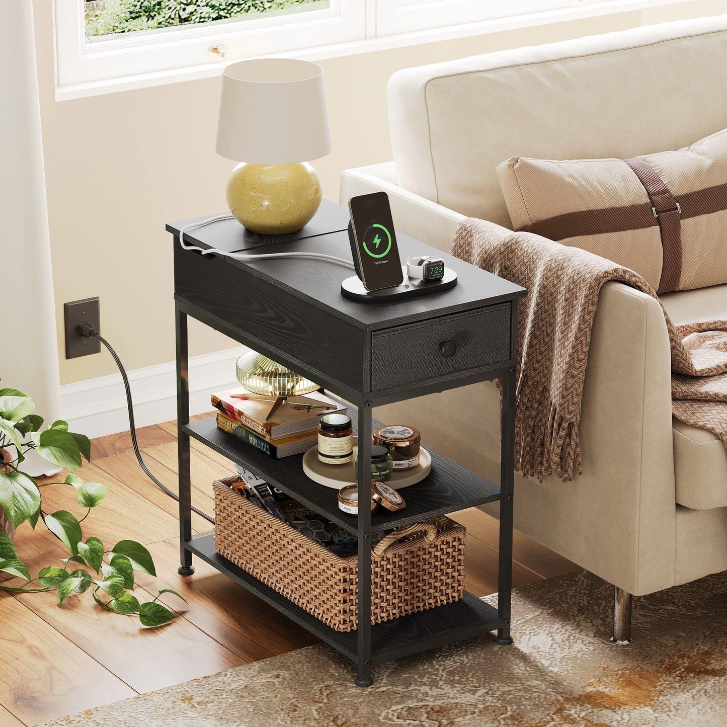 WLIVE Narrow Side Table with 2 USB Ports and 2 Outlets, Flip Top End Table with Drawer and Storage Shelves, End Stand with Charging Station for Living Room, Bedroom, Small Spaces,Black
