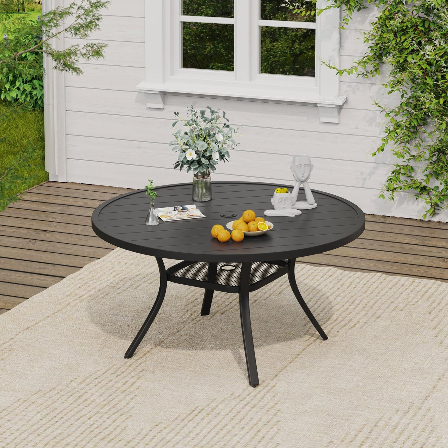 VICLLAX 7 Pieces Round Outdoor Dining Set with Rattan Patio Chairs, 47 Inch Round Patio Table, Adjustable Umbrella Hole & Storage Shelf – Patio Furniture for Backyard, Brown Wicker and Black Tabletop