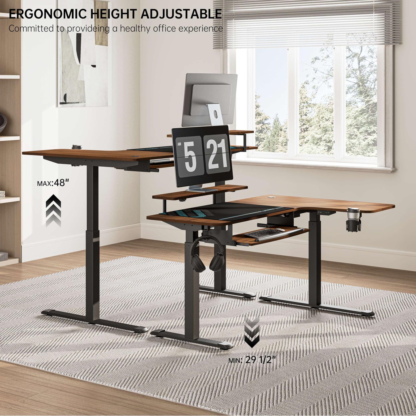 EUREKA ERGONOMIC Standing Desk Electric Adjustable Height (61"x43") Computer Desk with Keyboard Tray Sit Stand Desk L Shaped Desk for Work/Home Office,Dual Motor,Memory Presets,2 USB/RGB,Walnut/Right