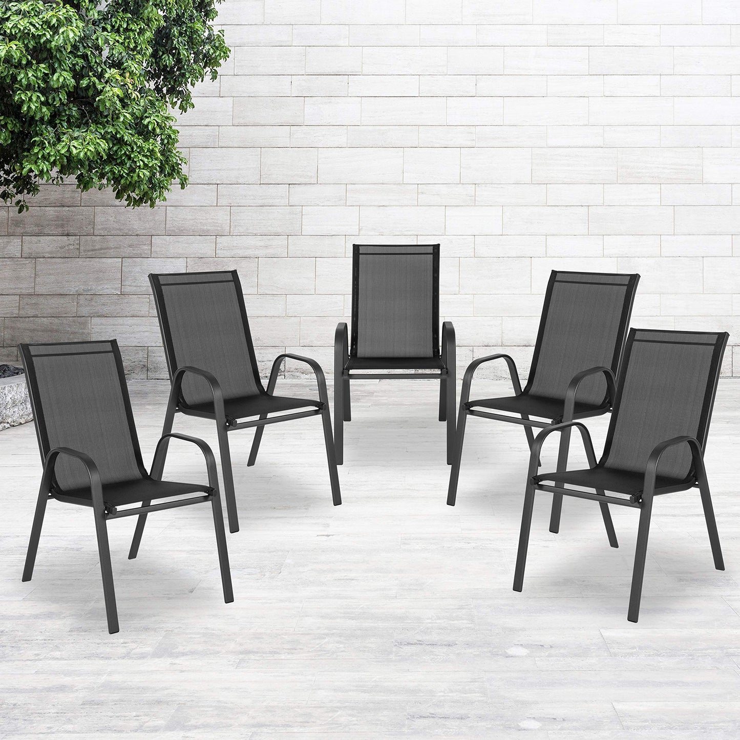 EMMA + OLIVER 5 Pack Black Outdoor Stack Chair with Flex Comfort Material and Metal Frame