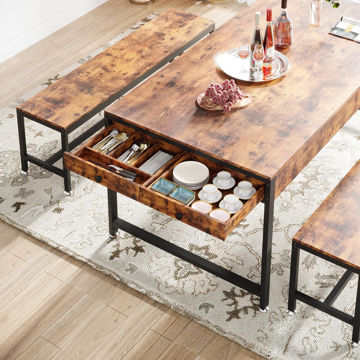Loomie 63" Dining Table Set for 4-6, 3-Piece Kitchen Table with 2 Utensil Drawers, 2 Benches & Wine Rack, Modern Space Saving & Heavy Duty Dinner Table Set with Metal Frame & MDF Board,Rustic Brown