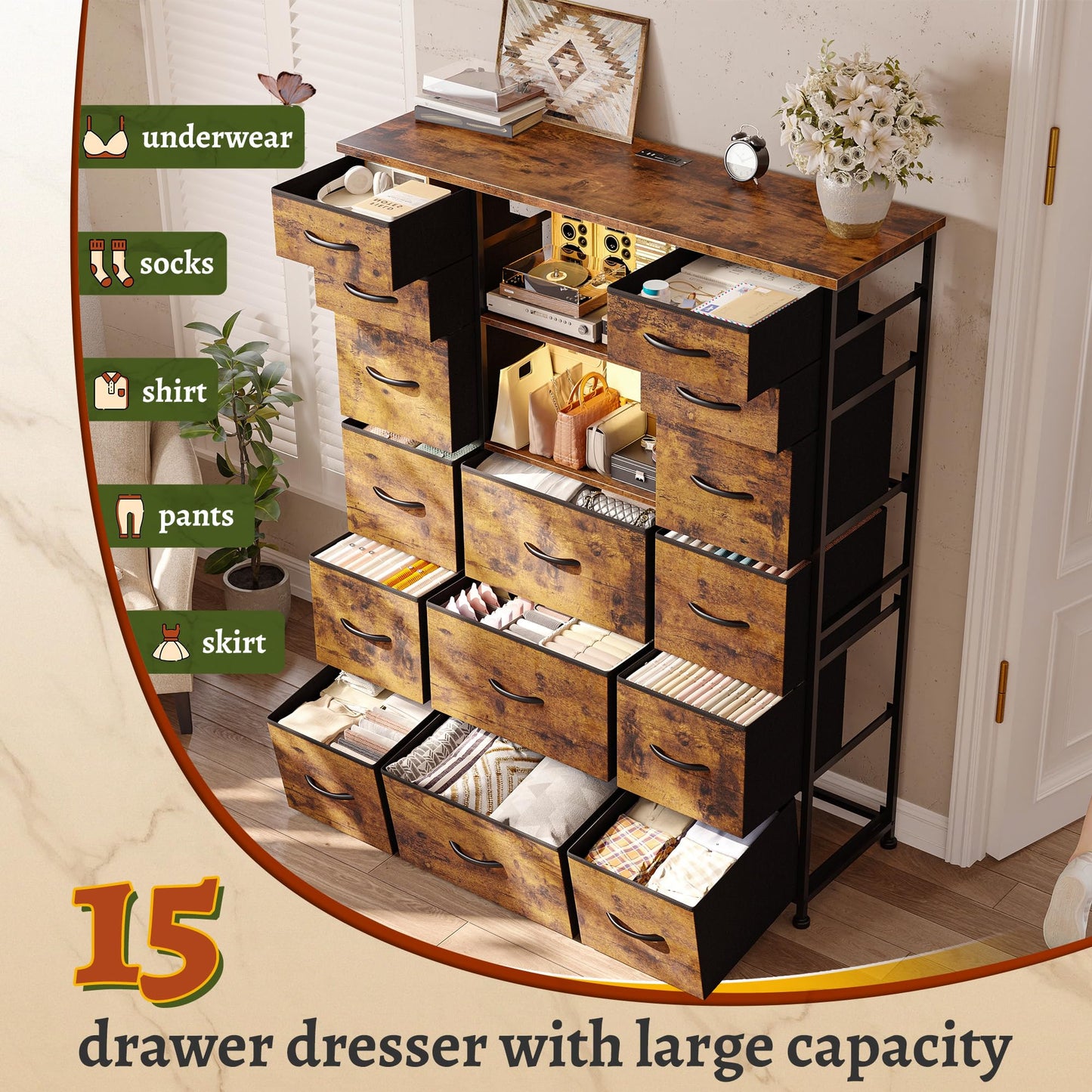 51"H Tall Dresser with 15 Drawers Dresser for Bedroom with Charging Station & LED Lights & Hutch Sturdy Fabric Bedroom Dressers, Steel Frame, Wood Top, Rustic Brown, 51.2"H x 39.3"W x 11.8"D