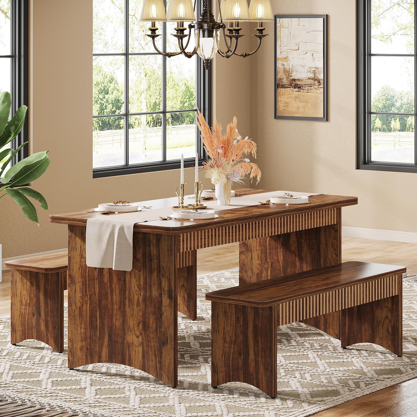 Tribesigns 3-Piece Dining Table Set, 55" Dining Room Table with 2 Benches for 4-6 People, Kitchen, Dining Room, Rustic Brown