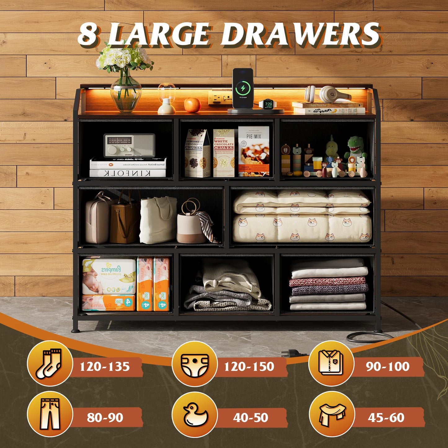 WLIVE Dresser TV Stand with Power Outlets, Led Dresser for Bedroom, Fabric Chest of Drawers with Double Open Shelves, Wood Top, Steel Frame, 6 Drawer Dressers for Closet, Living Room, Dark Grey