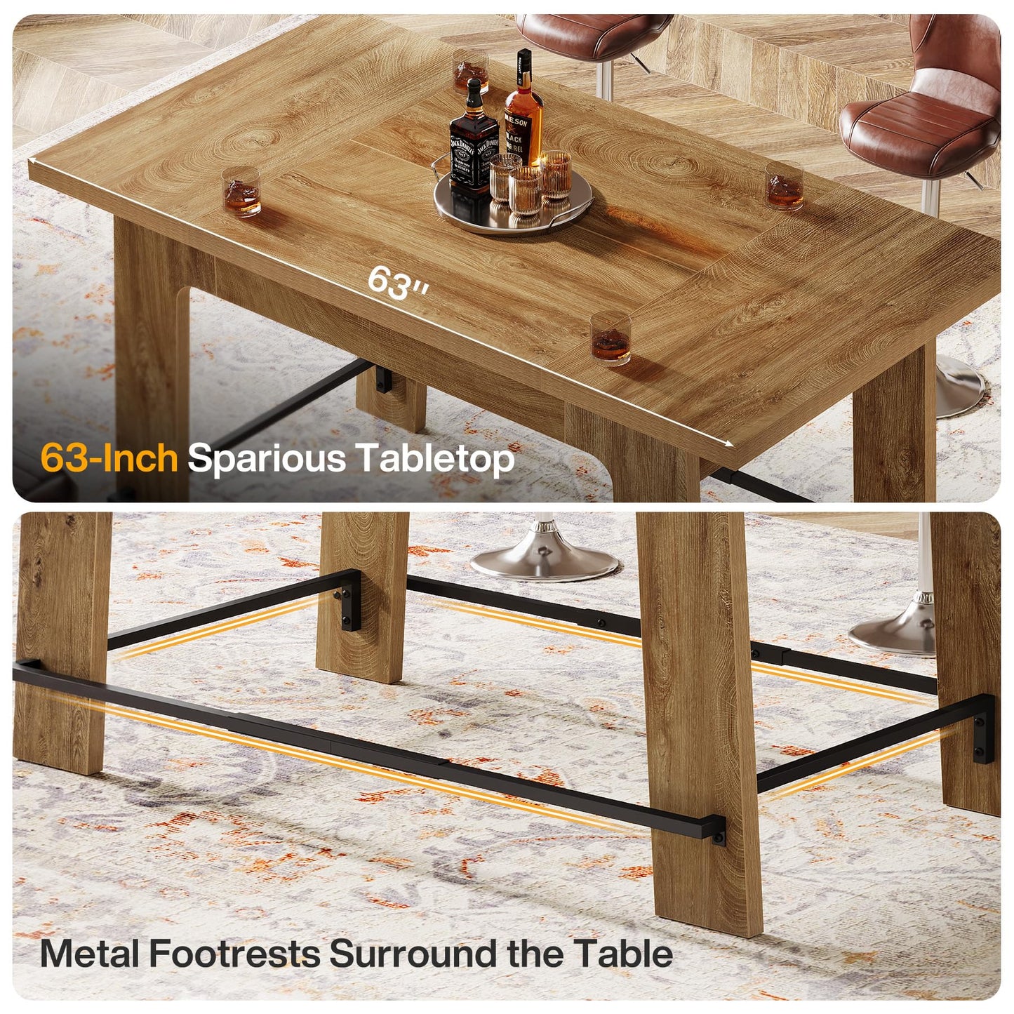 Tribesigns 62.6-Inch Bar Table, Counter Height Pub Dining Table with Metal Footrest, Rectangular Home Bar Unit for Home Kitchen, Bistro, Basement, Living Room