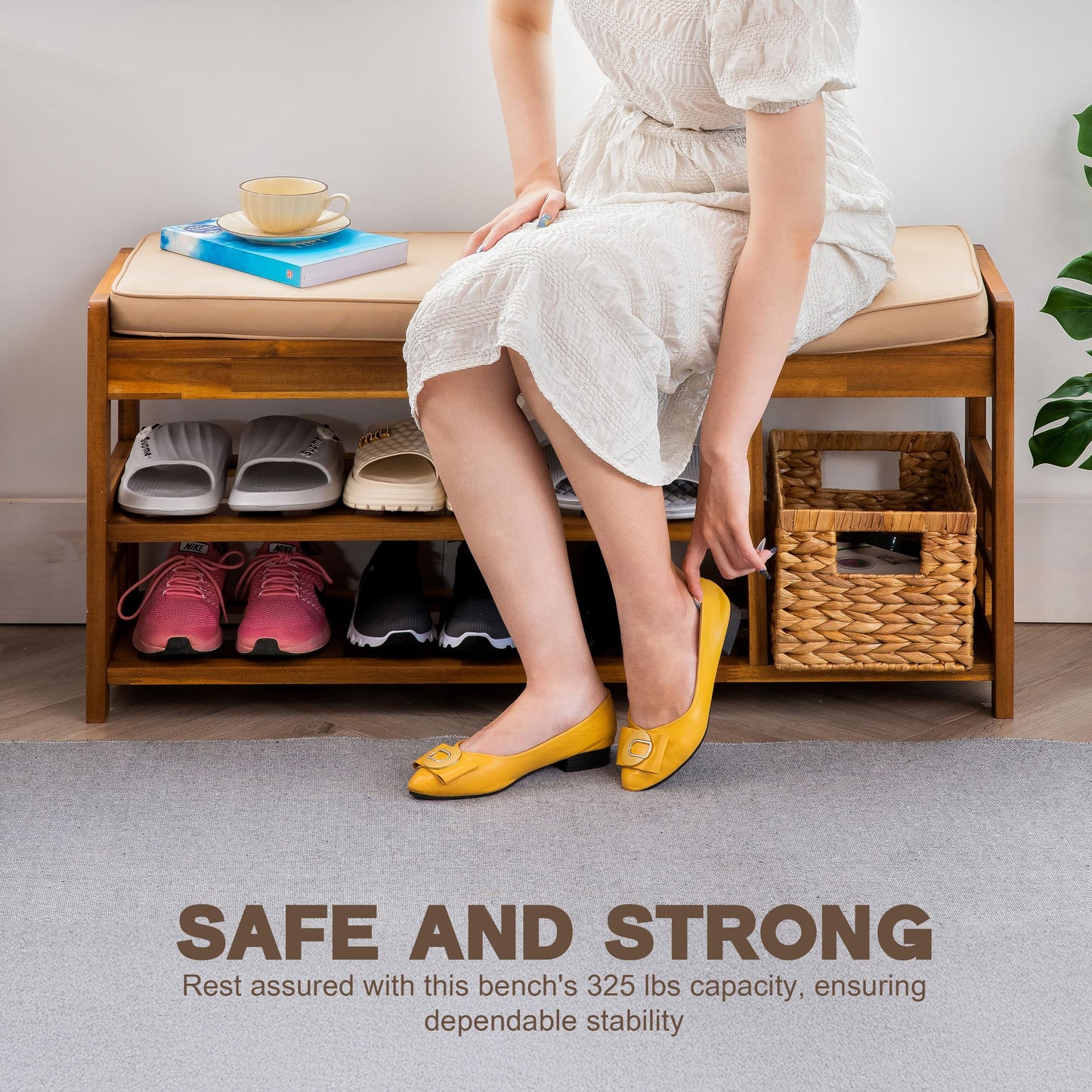 VICTORY RELAX Wooden Shoe Storage with Bench Seat - Natural Acacia Wood Entryway Organizer with Cushioned Top & Easy-Move Handles - Multi-Level Shoe Shelf (39.4 x 11.6X 19.29)