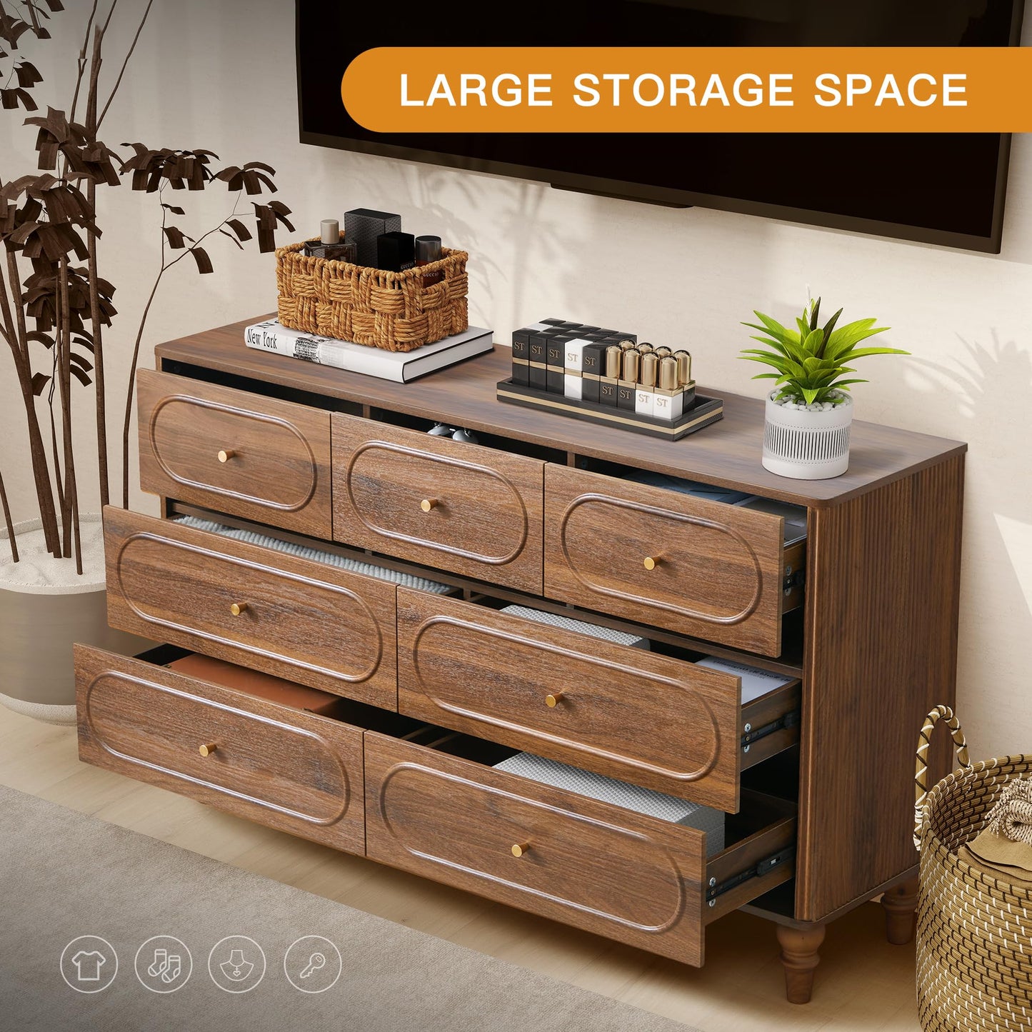 7 Drawer Fluted Dresser for Bedroom, Mid Century Modern Chest of Drawers, Wood Storage Large Dresser Organizer for Bedroom Living Room Hallway Closet, Walnut