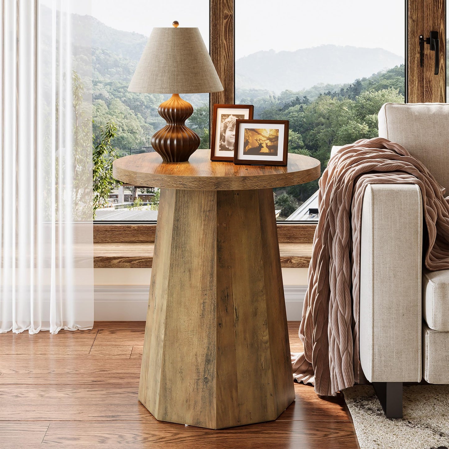 Tribesigns Farmhouse Round End Table, Wooden Couch Side Table with Octagonal Base, Rustic Brown Nightstand Pedestal Accent Furniture for Living Room, Bedroom (1)