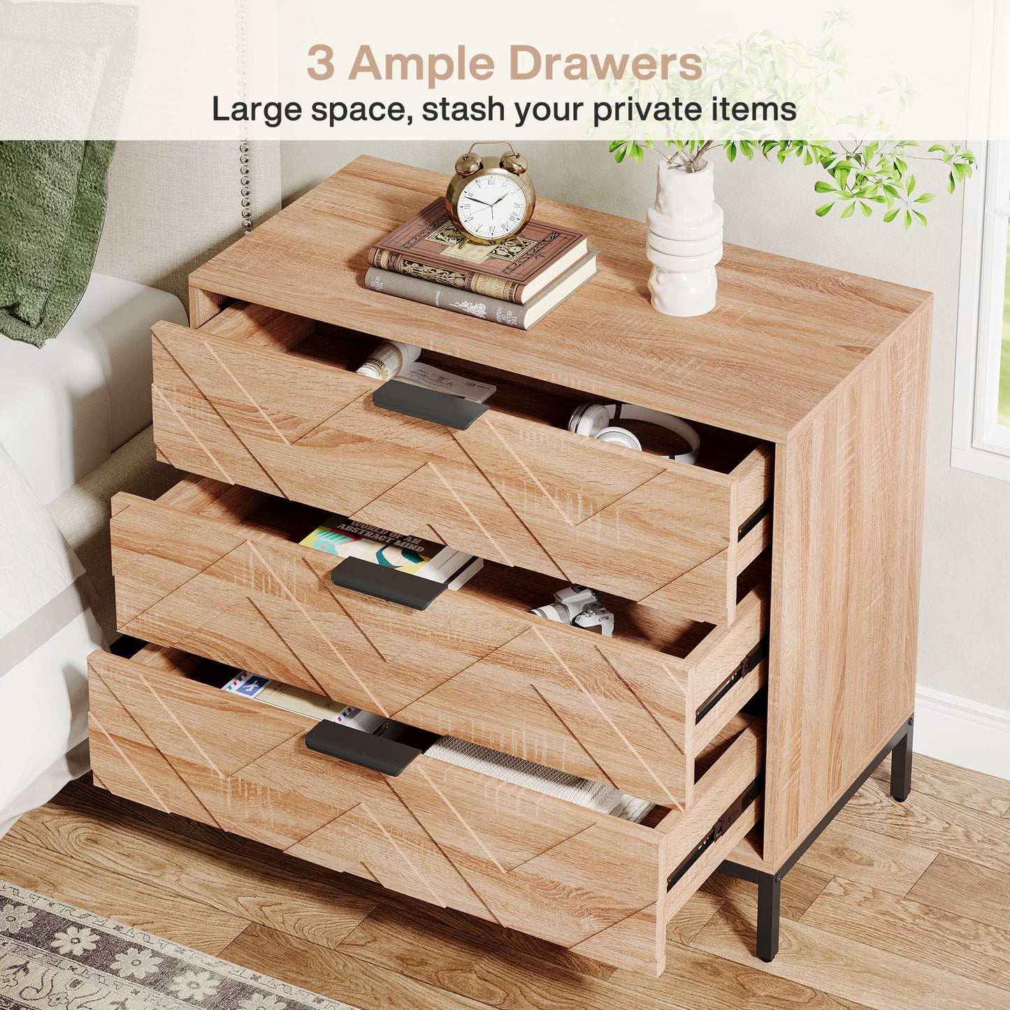 Tribesigns Wooden Nightstand with 3 Drawers, 31" Wide Night Stand with Metal Legs, Modern Large Bedside End Table for Bedroom, Living Room (1)