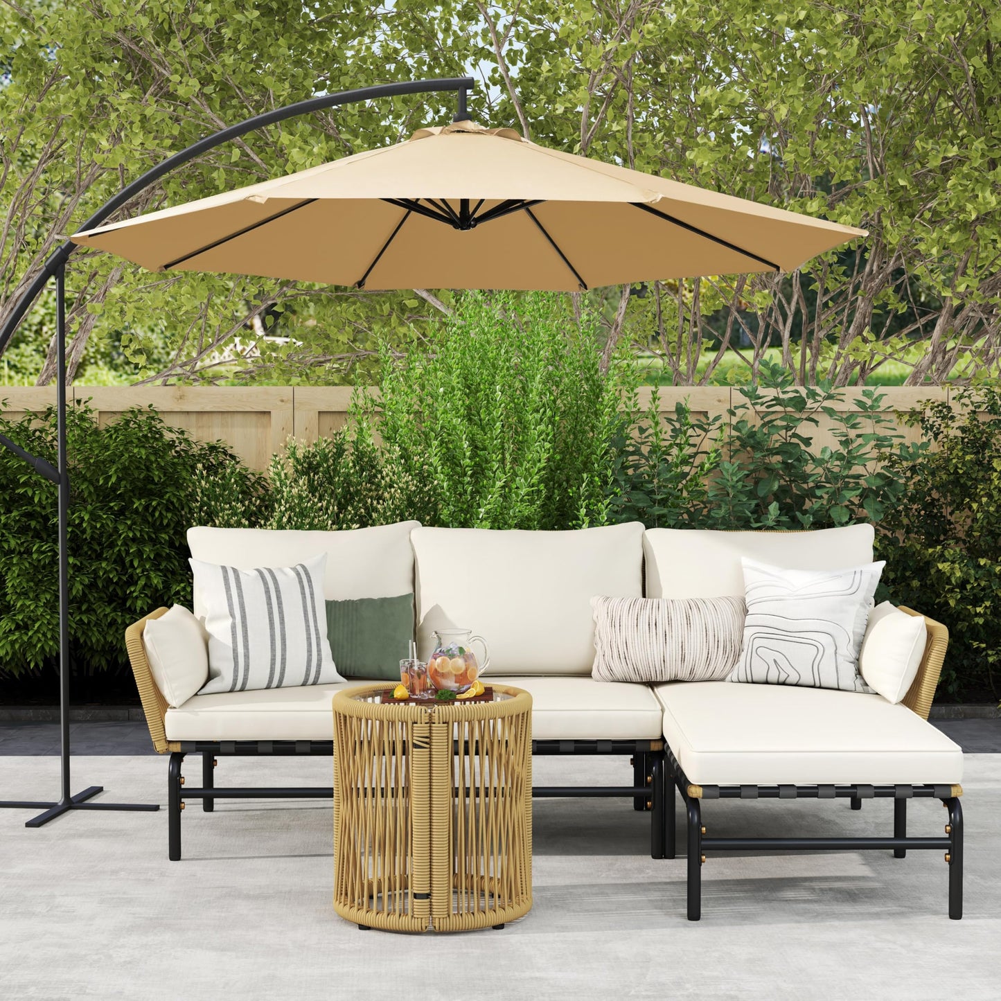 Yaheetech 3 Pieces L-Shaped Conversation Sofa Set, Outdoor Patio Furniture Set w/Detachable Lounger, Thick Cushions, Glass Side Table for Patio, Backyard, Porch, Garden