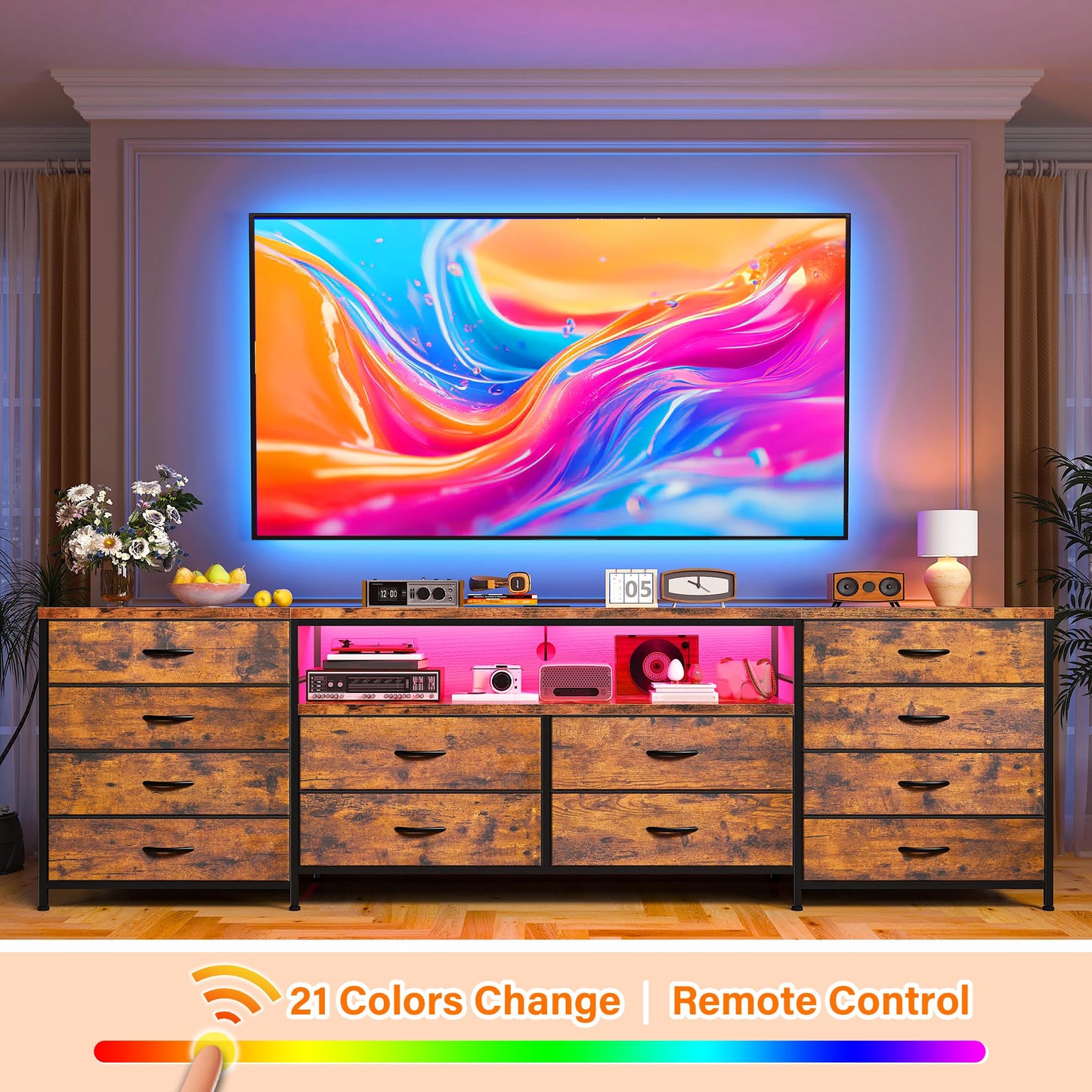 12 Drawer Dresser TV Stand for 65 70 75 Inch TV 63" W Extra Long Dresser for Bedroom with LED Lights & Power Outlets Entertainment Center with Fabric Drawers for Closet, Rustic Brown