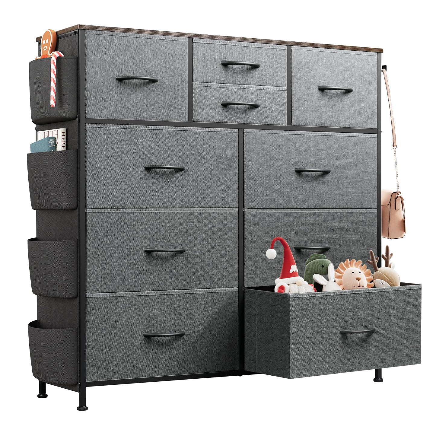 WLIVE Dresser for Bedroom with 10 Drawers, Fabric Dresser Chest of Drawers with Side Pockets and Hooks, Sturdy Metal Frame, Drawers Organizer Unit for Room, Hallway, Dark Gray