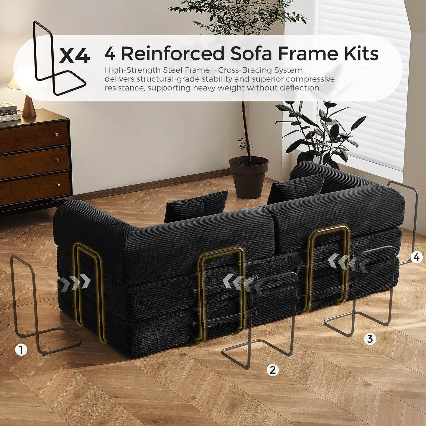 79" Convertible Sofa Bed with Fixed-Shape Frame & Removable Armrests, Modular Corduroy Sleeper Sofa, Folding Mattress Couch for Small Spaces - No Assembly Needed in Black (Includes 2 Pillows)