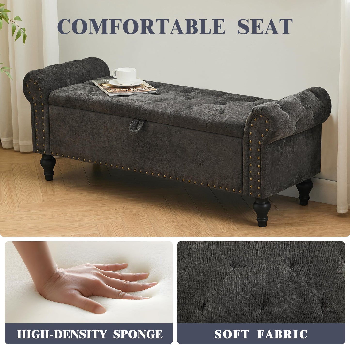 51" Bedroom Storage Bench, End of Bed Bench with Storage, Chenille Upholstered Benches, Ottoman with storage, Window Benches with Rolled Arm and Nailhead Trim for Living Room, Entryway, Dark Gray