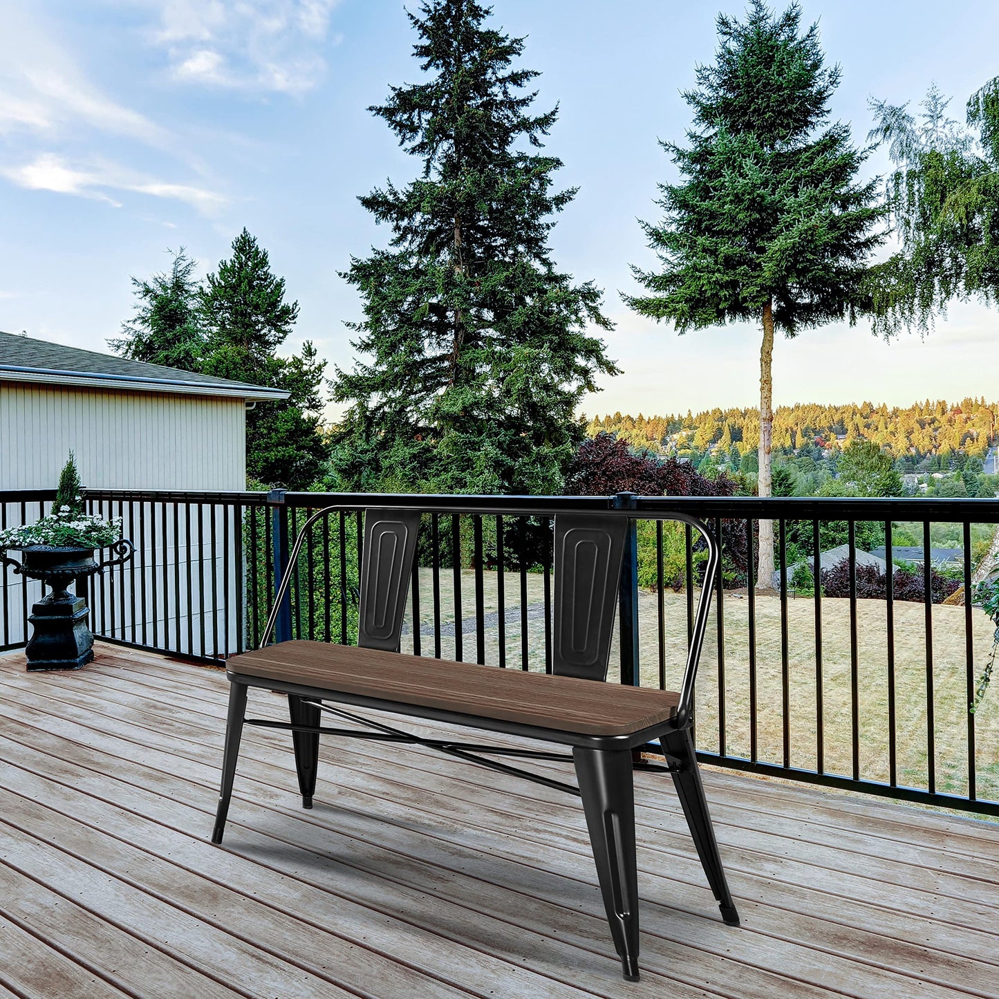 Yaheetech Industrial Metal Dining Bench Mid-Century Farmhouse Bench with Wooden Top Seat and Removable Backrest for Kitchen/Garden, Black